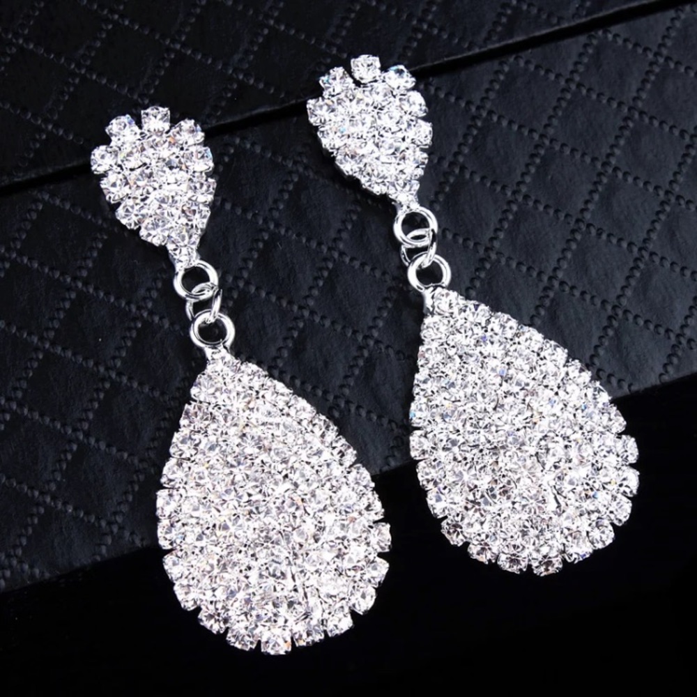Platinum Plated Rhinestone Drop Earrings - Picture 6 of 6